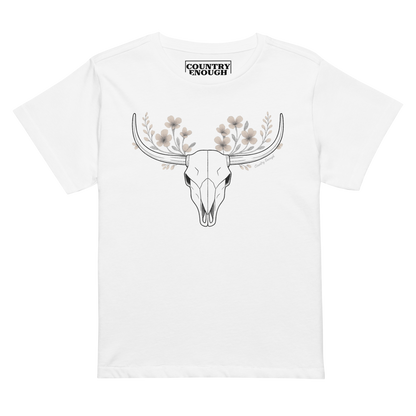 White t-shirt with bull skull and flower graphic #white