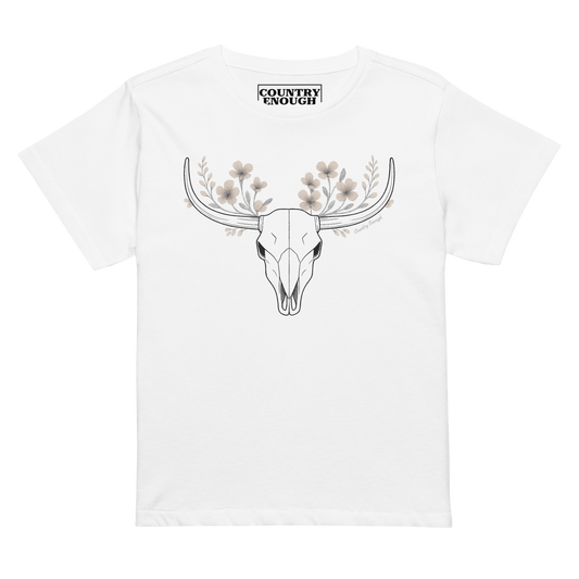 White t-shirt with bull skull and flower graphic #white