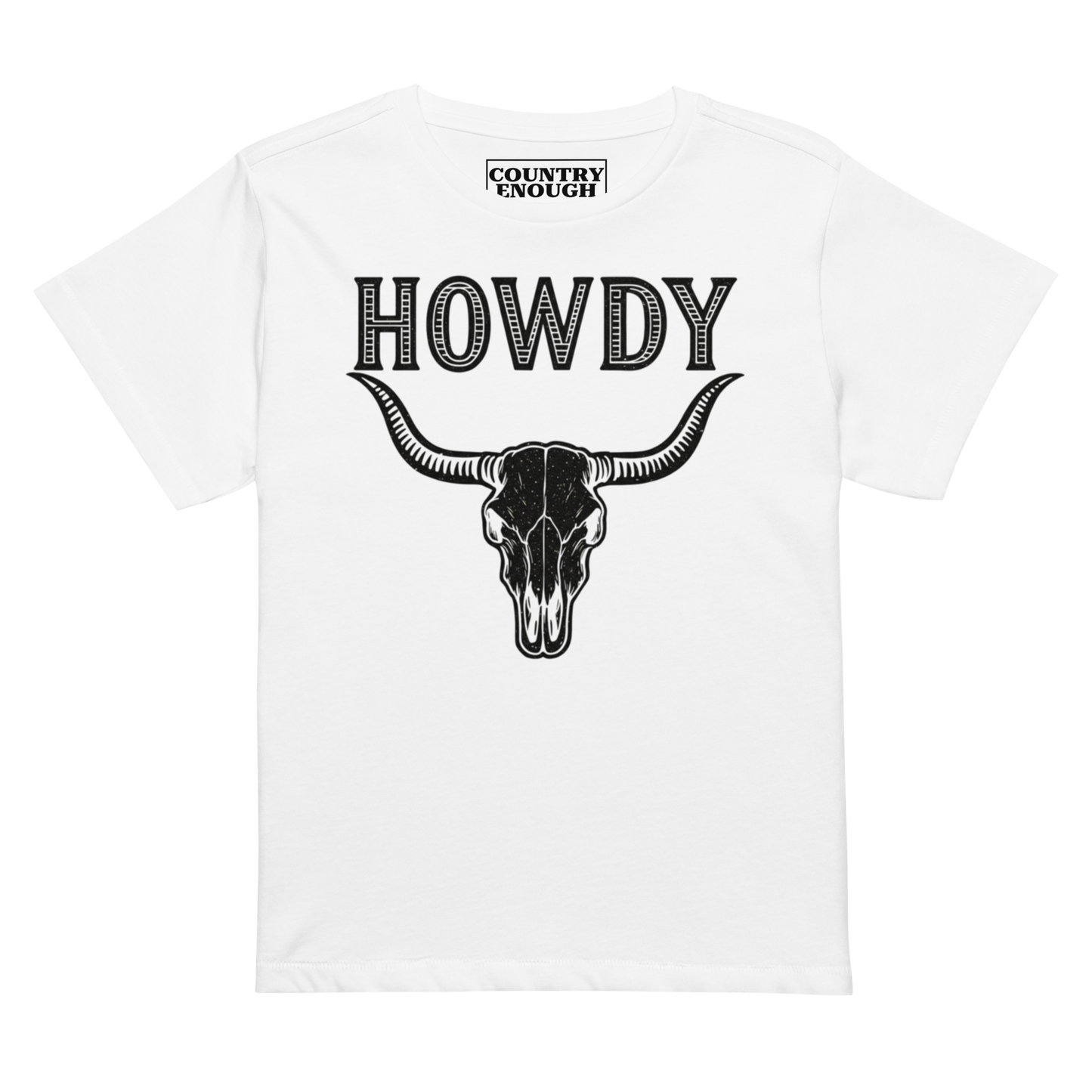 White t-shirt with graphic of bull skull and the word howdy above #white