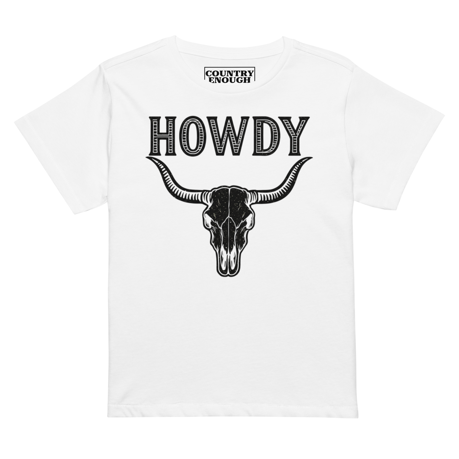 White t-shirt with graphic of bull skull and the word howdy above #white