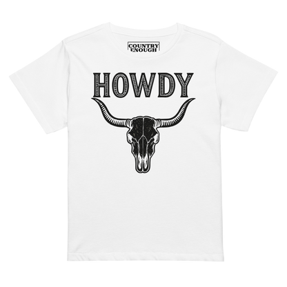 White t-shirt with graphic of bull skull and the word howdy above #white