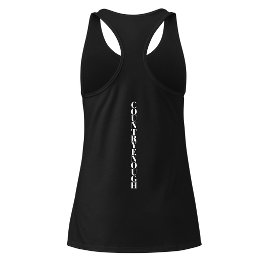 Black tank top with words country enough on the front and words country enough down the spine on the back #black
