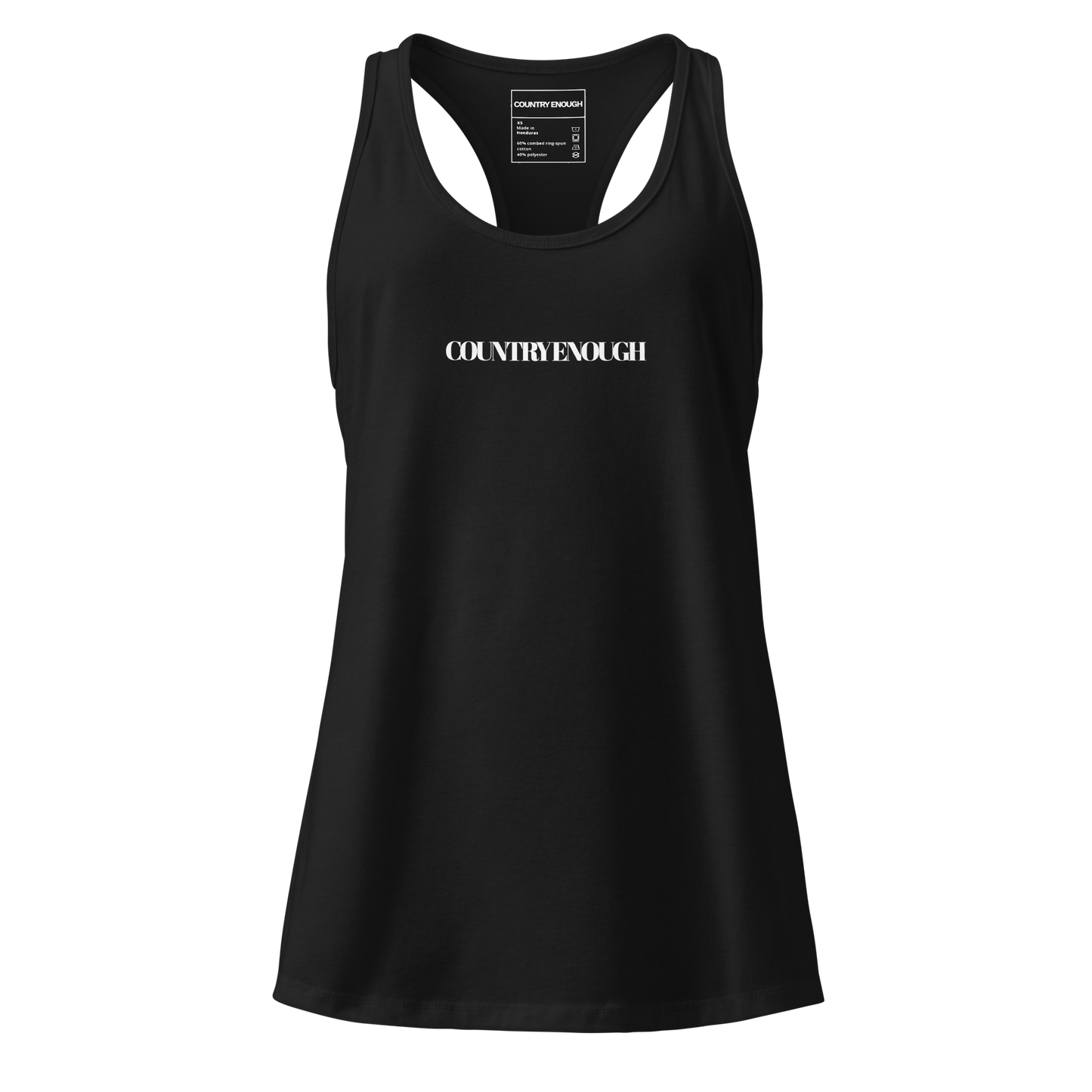 Black tank top with words country enough on the front and words country enough down the spine on the back #black