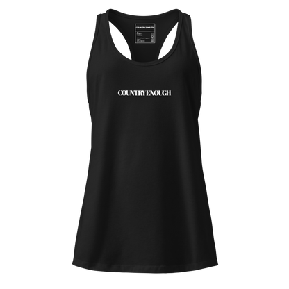 Black tank top with words country enough on the front and words country enough down the spine on the back #black