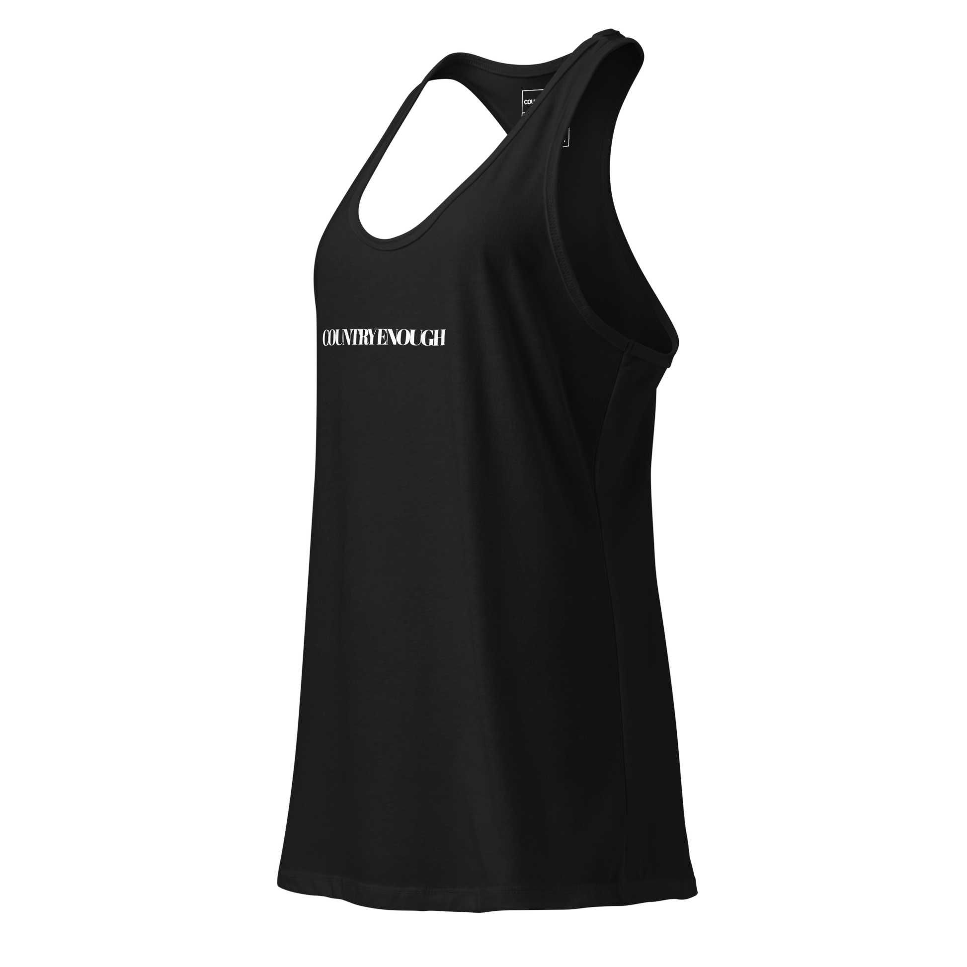 Black tank top with words country enough on the front and words country enough down the spine on the back #black