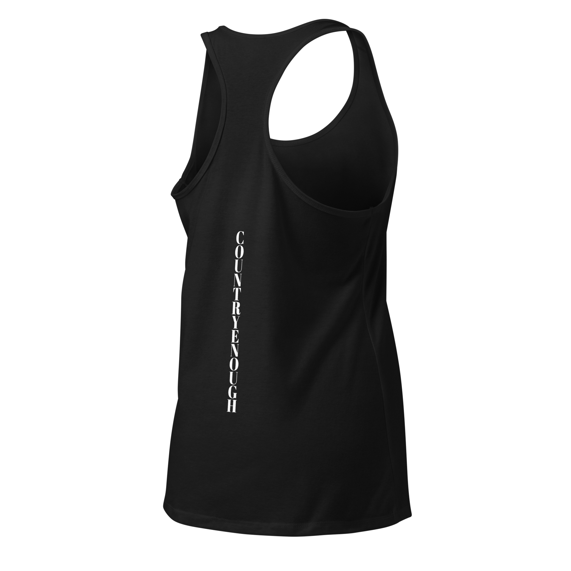 Black tank top with words country enough on the front and words country enough down the spine on the back #black