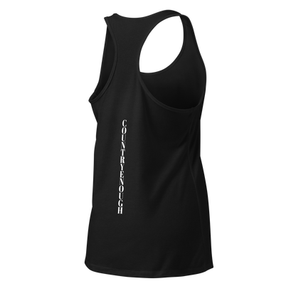 Black tank top with words country enough on the front and words country enough down the spine on the back #black