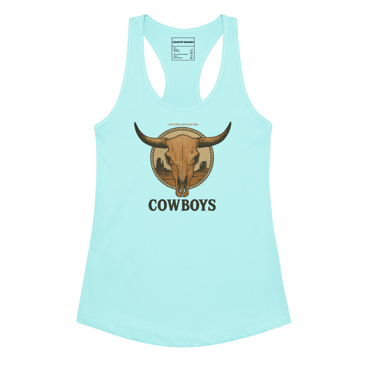 Cancun tank top with graphic of bull skull emblem and the word cowboys atop a desert scene with a rope border #cancun