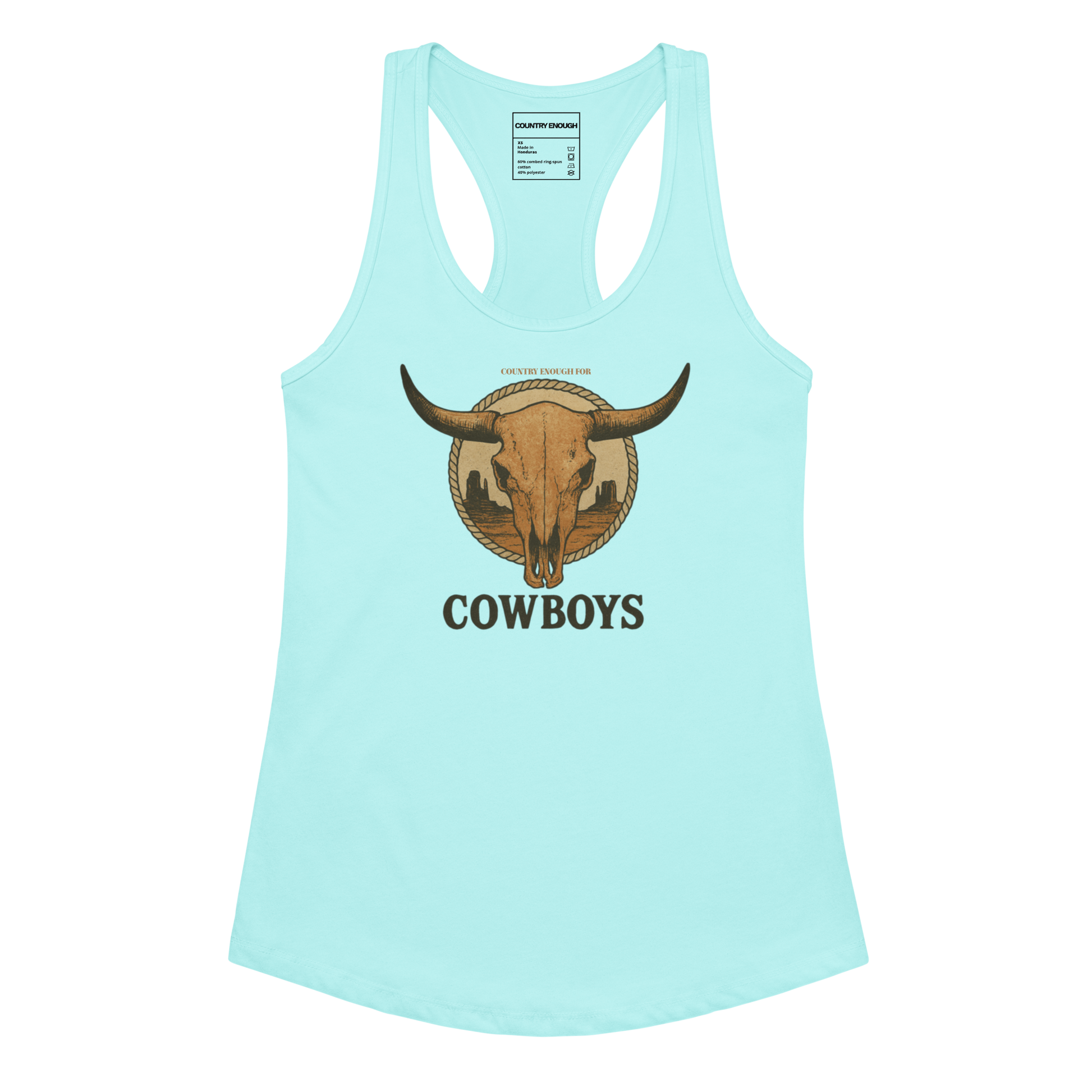 Cancun tank top with graphic of bull skull emblem and the word cowboys atop a desert scene with a rope border #cancun