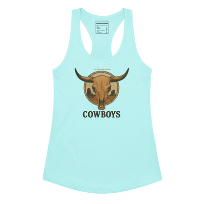 Cancun tank top with graphic of bull skull emblem and the word cowboys atop a desert scene with a rope border #cancun