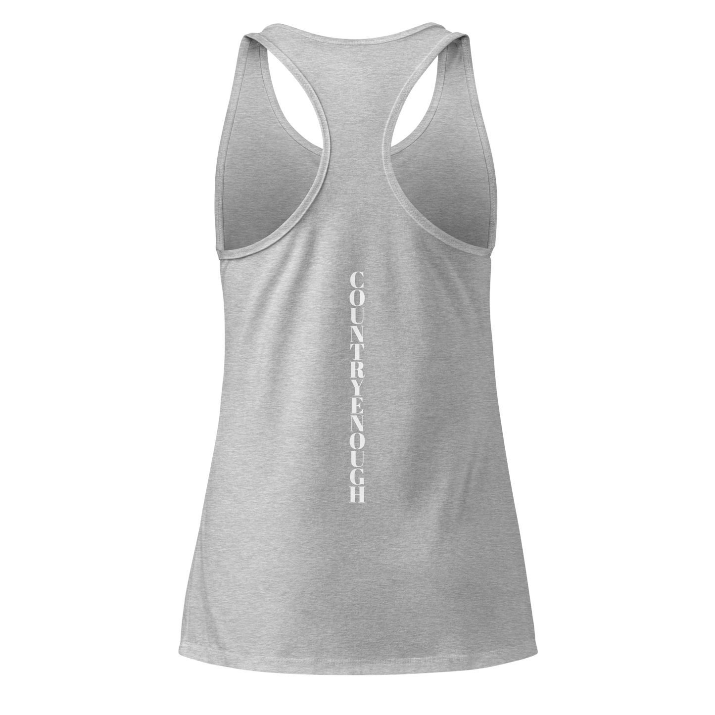 Heather Gray tank top with words country enough on the front and words country enough down the spine on the back #heathergray
