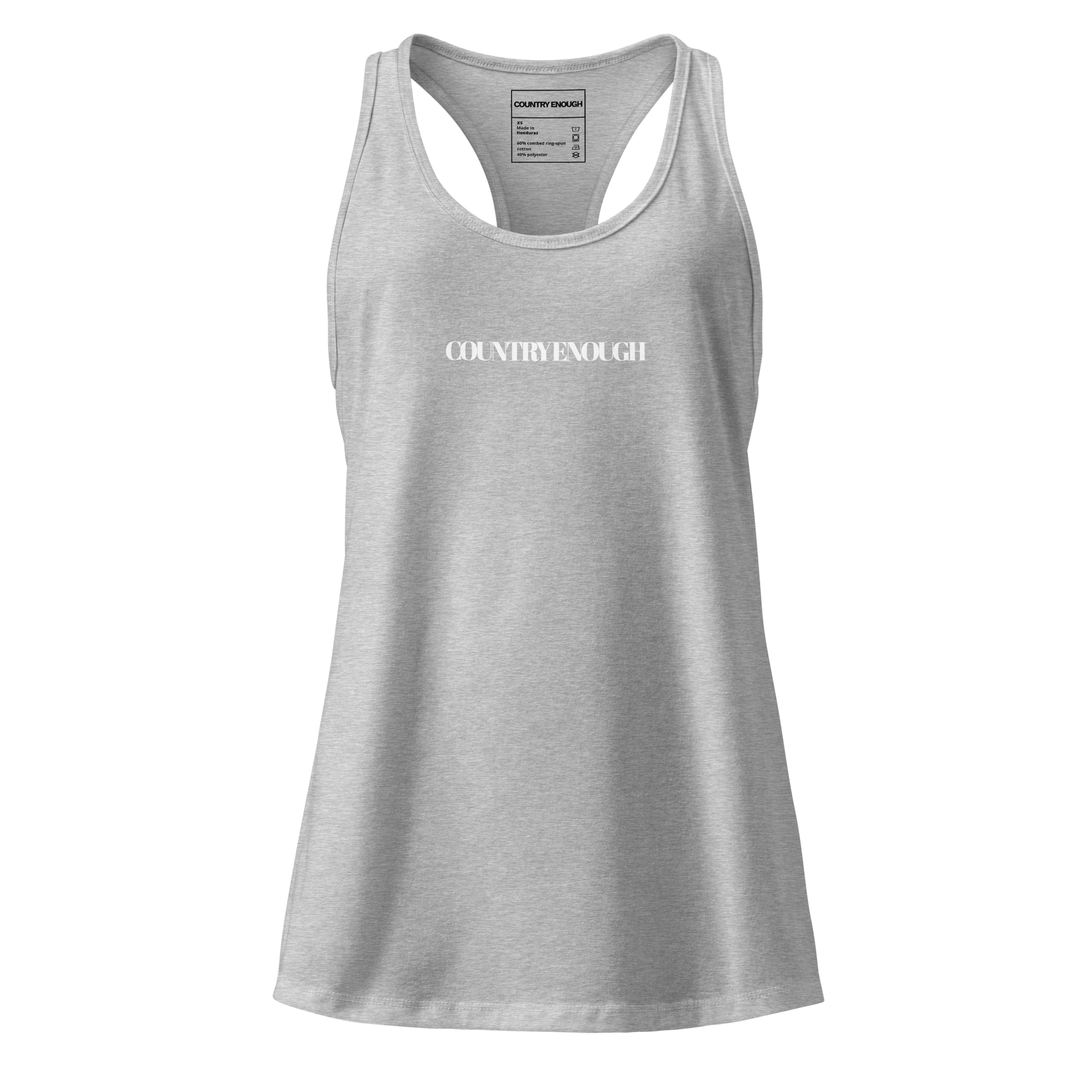 Heather Gray tank top with words country enough on the front and words country enough down the spine on the back #heathergray