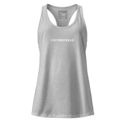 Heather Gray tank top with words country enough on the front and words country enough down the spine on the back #heathergray