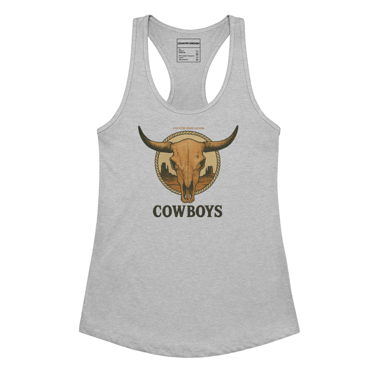 Heather Gray tank top with graphic of bull skull emblem and the word cowboys atop a desert scene with a rope border #heathergray