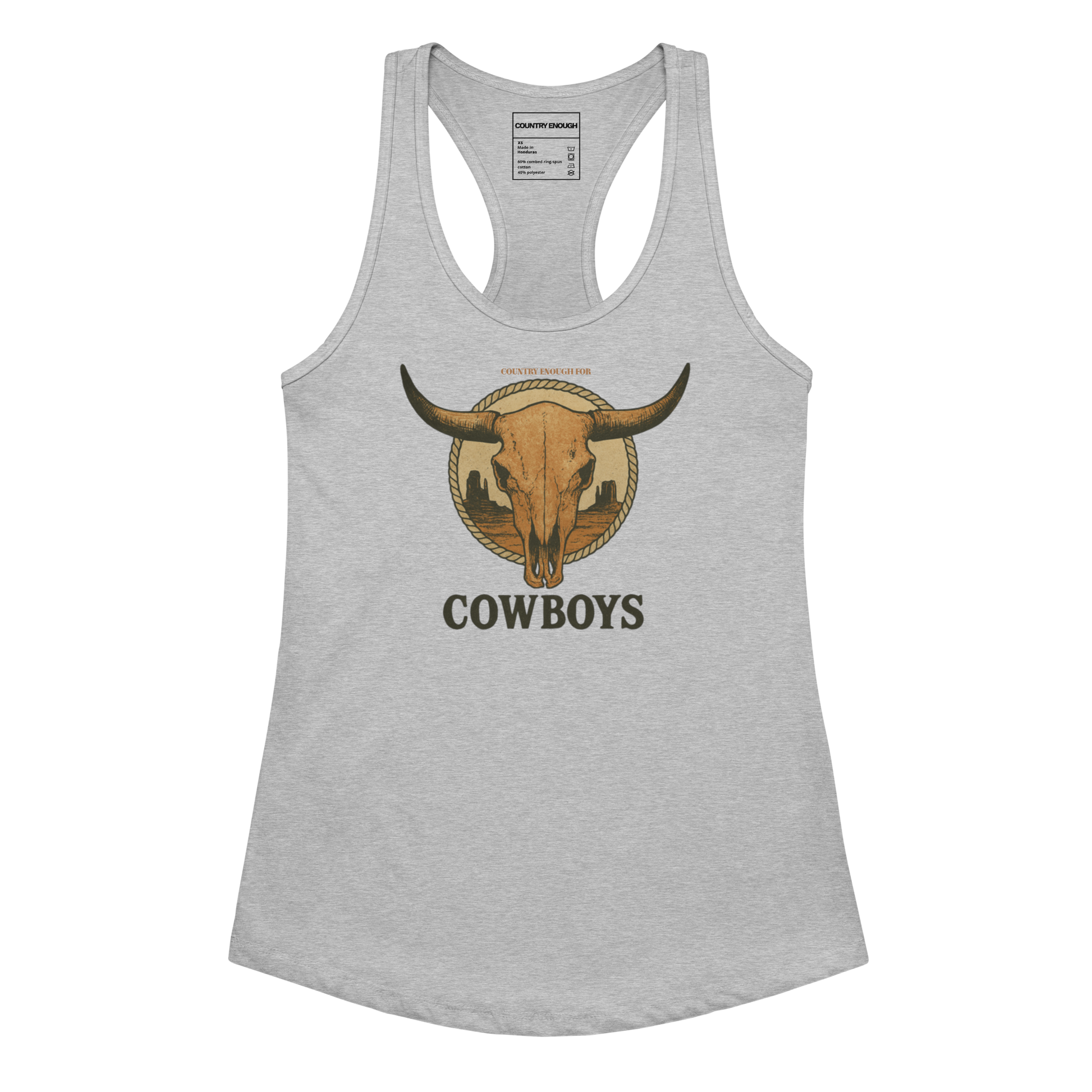 Heather Gray tank top with graphic of bull skull emblem and the word cowboys atop a desert scene with a rope border #heathergray