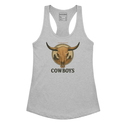 Heather Gray tank top with graphic of bull skull emblem and the word cowboys atop a desert scene with a rope border #heathergray