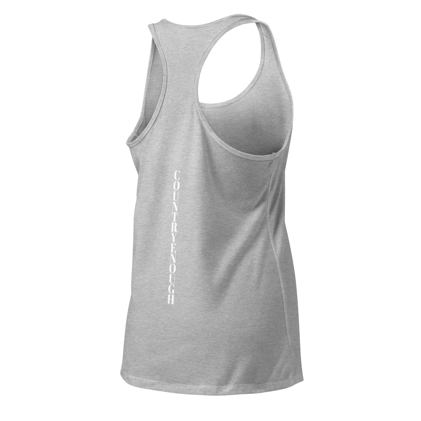 Heather Gray tank top with words country enough on the front and words country enough down the spine on the back #heathergray