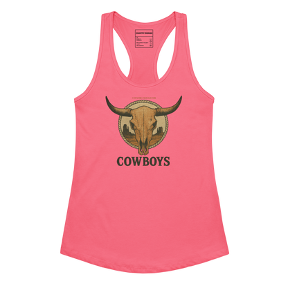 Hot Pink tank top with graphic of bull skull emblem and the word cowboys atop a desert scene with a rope border #hotpink
