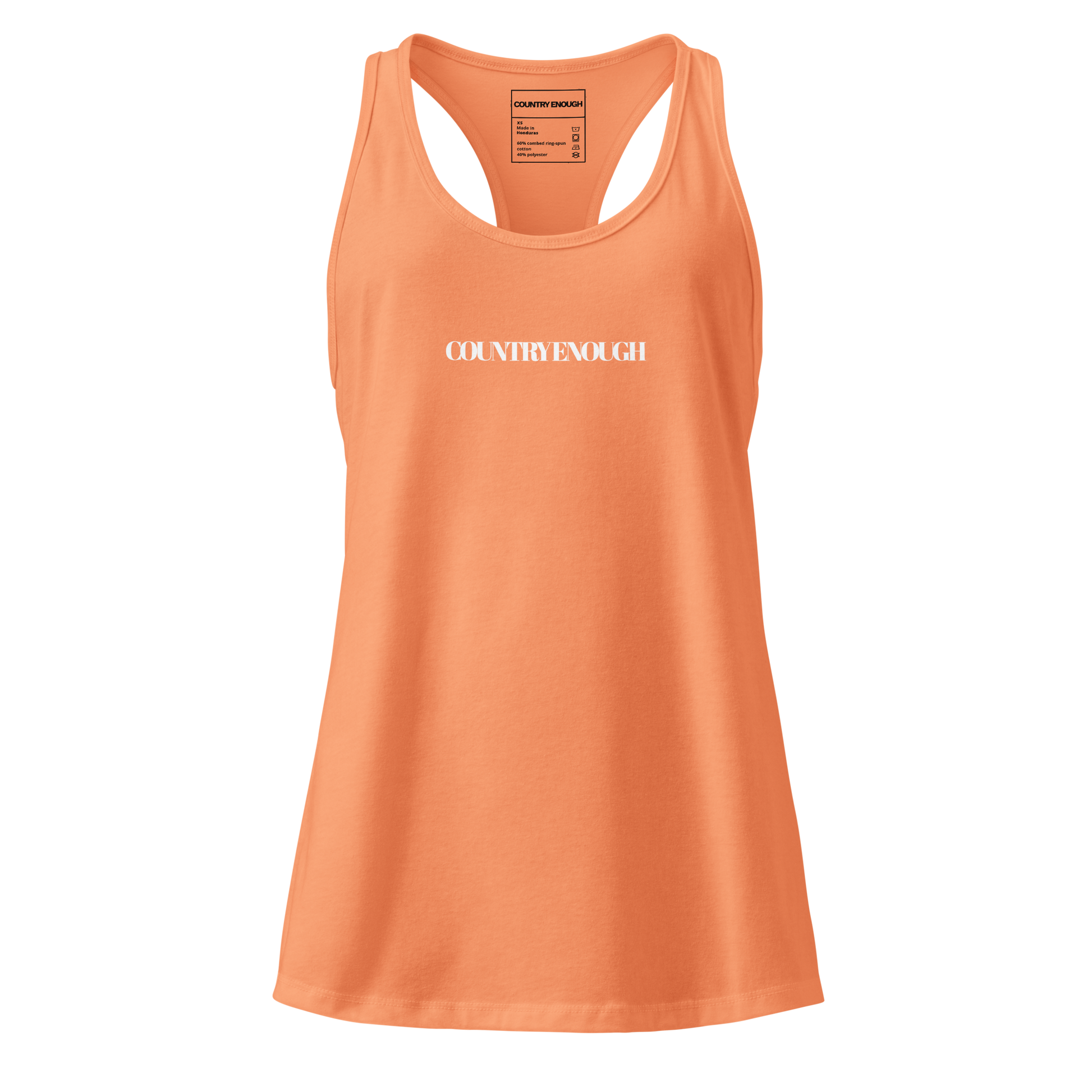 Light Orange tank top with words country enough on the front and words country enough down the spine on the back #lightorange