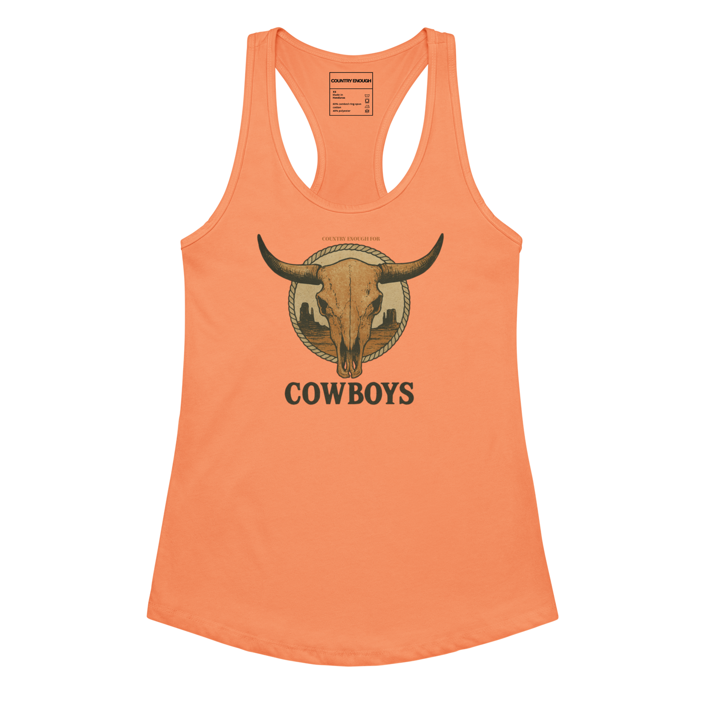 Light Orange tank top with graphic of bull skull emblem and the word cowboys atop a desert scene with a rope border #lightorange