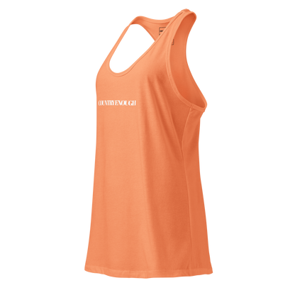 Light Orange tank top with words country enough on the front and words country enough down the spine on the back #lightorange