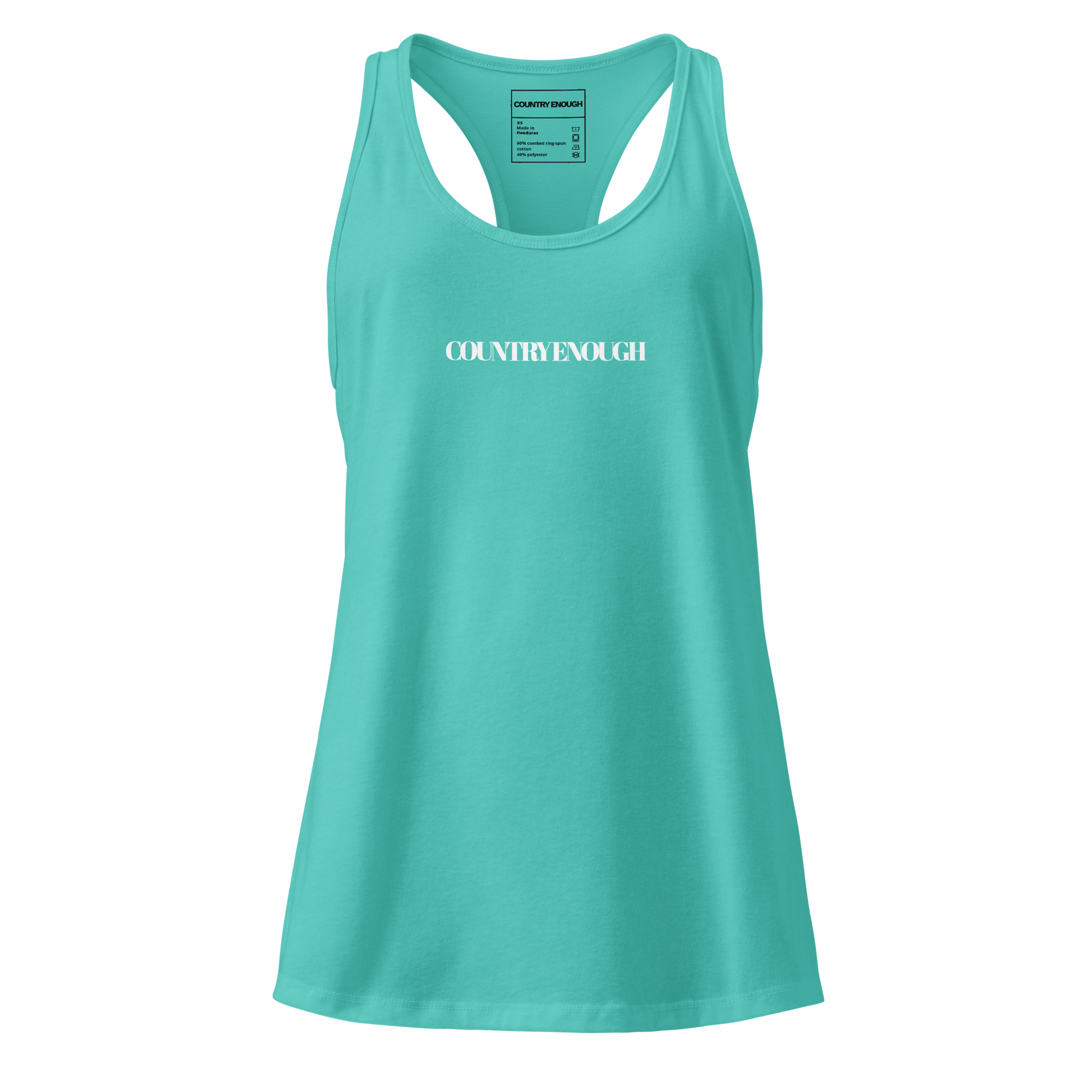 Tahiti Blue tank top with words country enough on the front and words country enough down the spine on the back #tahitiblue