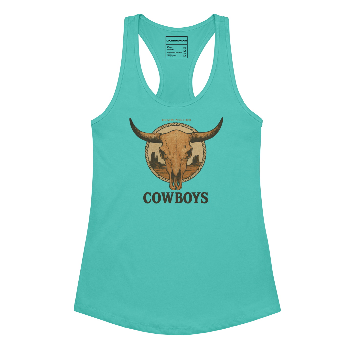 Tahiti Blue tank top with graphic of bull skull emblem and the word cowboys atop a desert scene with a rope border #tahitiblue