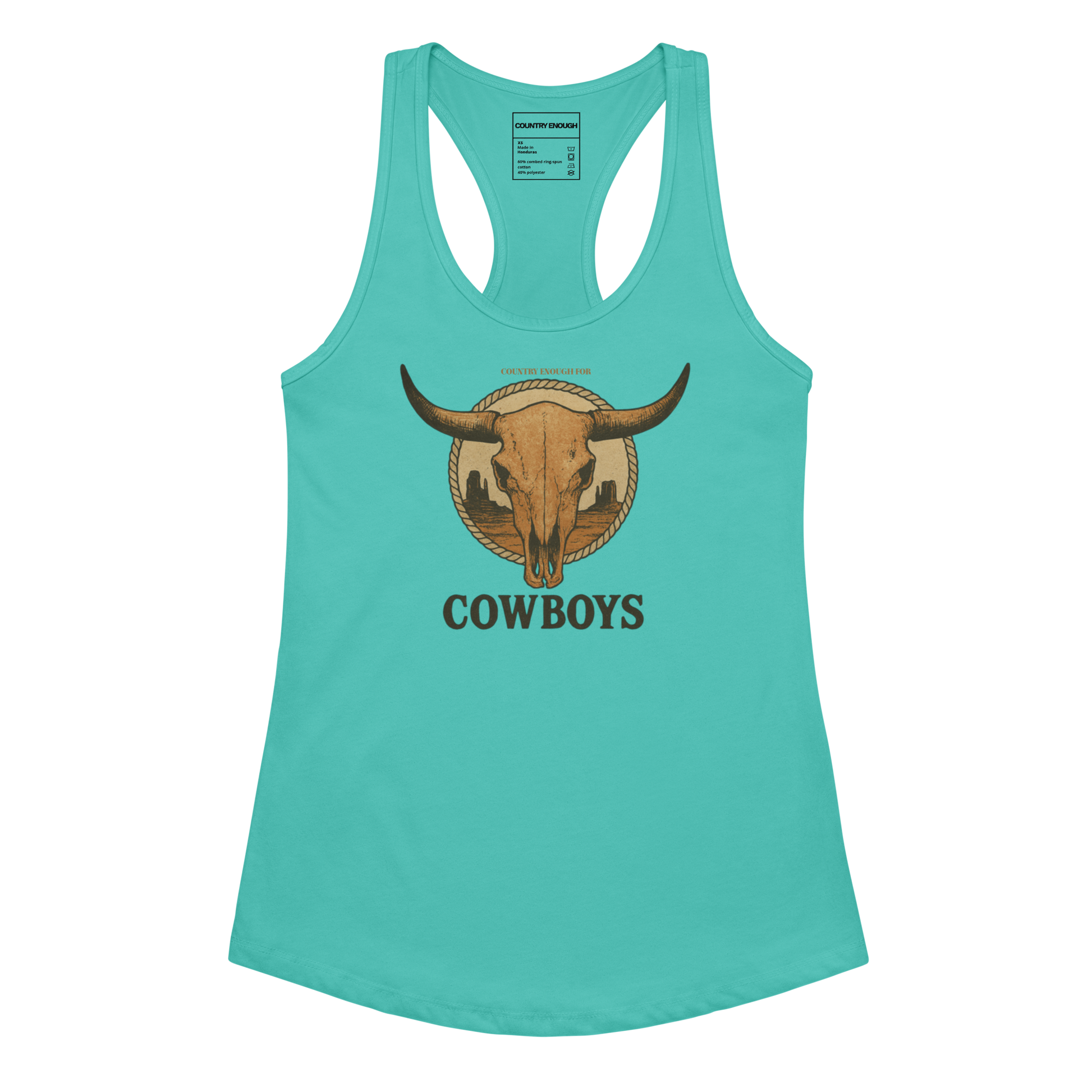 Tahiti Blue tank top with graphic of bull skull emblem and the word cowboys atop a desert scene with a rope border #tahitiblue