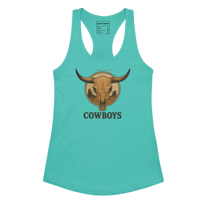Tahiti Blue tank top with graphic of bull skull emblem and the word cowboys atop a desert scene with a rope border #tahitiblue