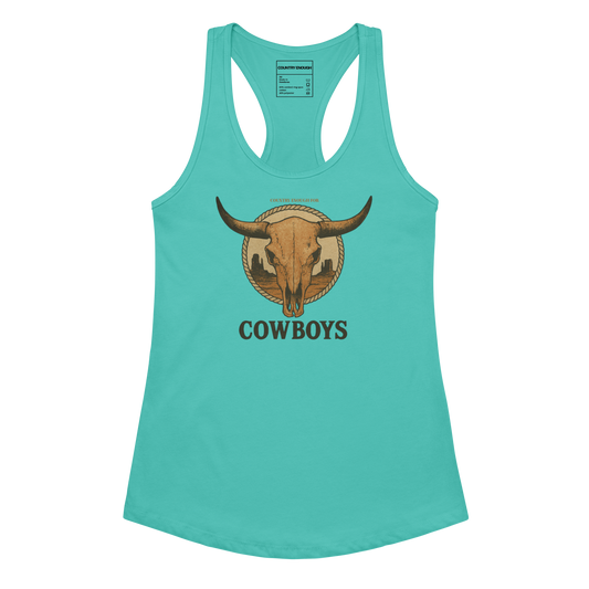 Tahiti Blue tank top with graphic of bull skull emblem and the word cowboys atop a desert scene with a rope border #tahitiblue