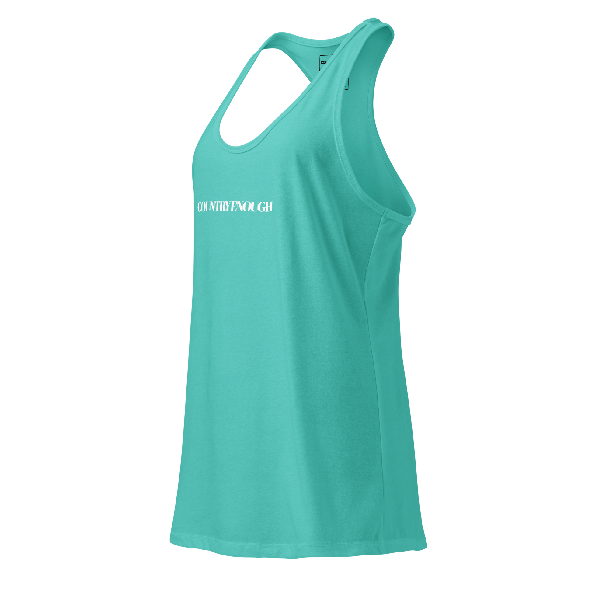 Tahiti Blue tank top with words country enough on the front and words country enough down the spine on the back #tahitiblue