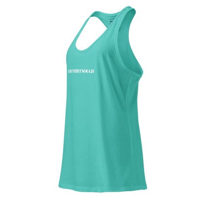 Tahiti Blue tank top with words country enough on the front and words country enough down the spine on the back #tahitiblue