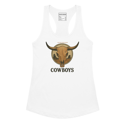 White tank top with graphic of bull skull emblem and the word cowboys atop a desert scene with a rope border #white