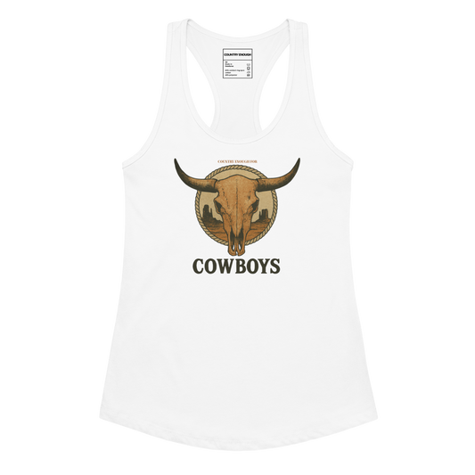 White tank top with graphic of bull skull emblem and the word cowboys atop a desert scene with a rope border #white