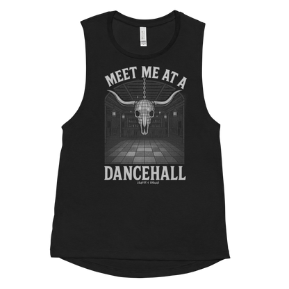 Black tank top with graphic of a bar scene, bull skull shaped disco ball, and words meet me at a dancehall, all in gray #black