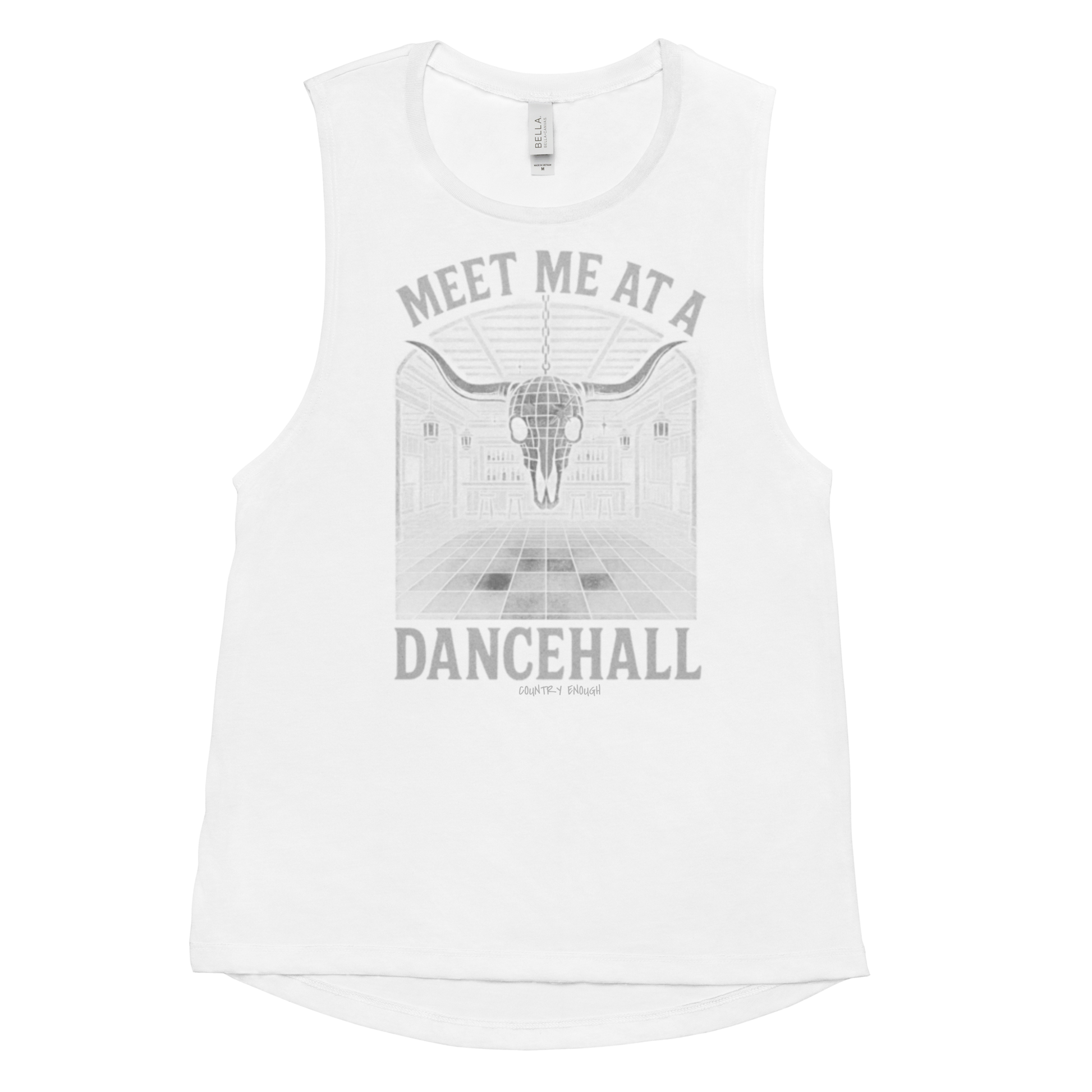 White tank top with graphic of a bar scene, bull skull shaped disco ball, and words meet me at a dancehall, all in gray #white