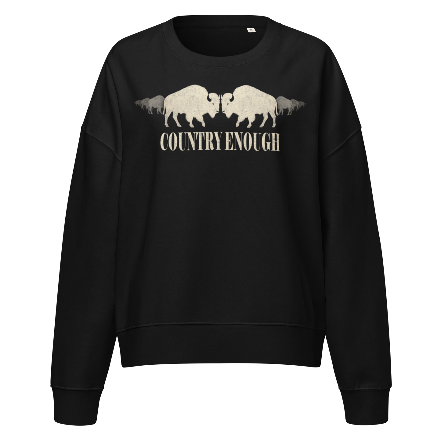 Black sweatshirt with graphic of mirrored bison and words country enough #black