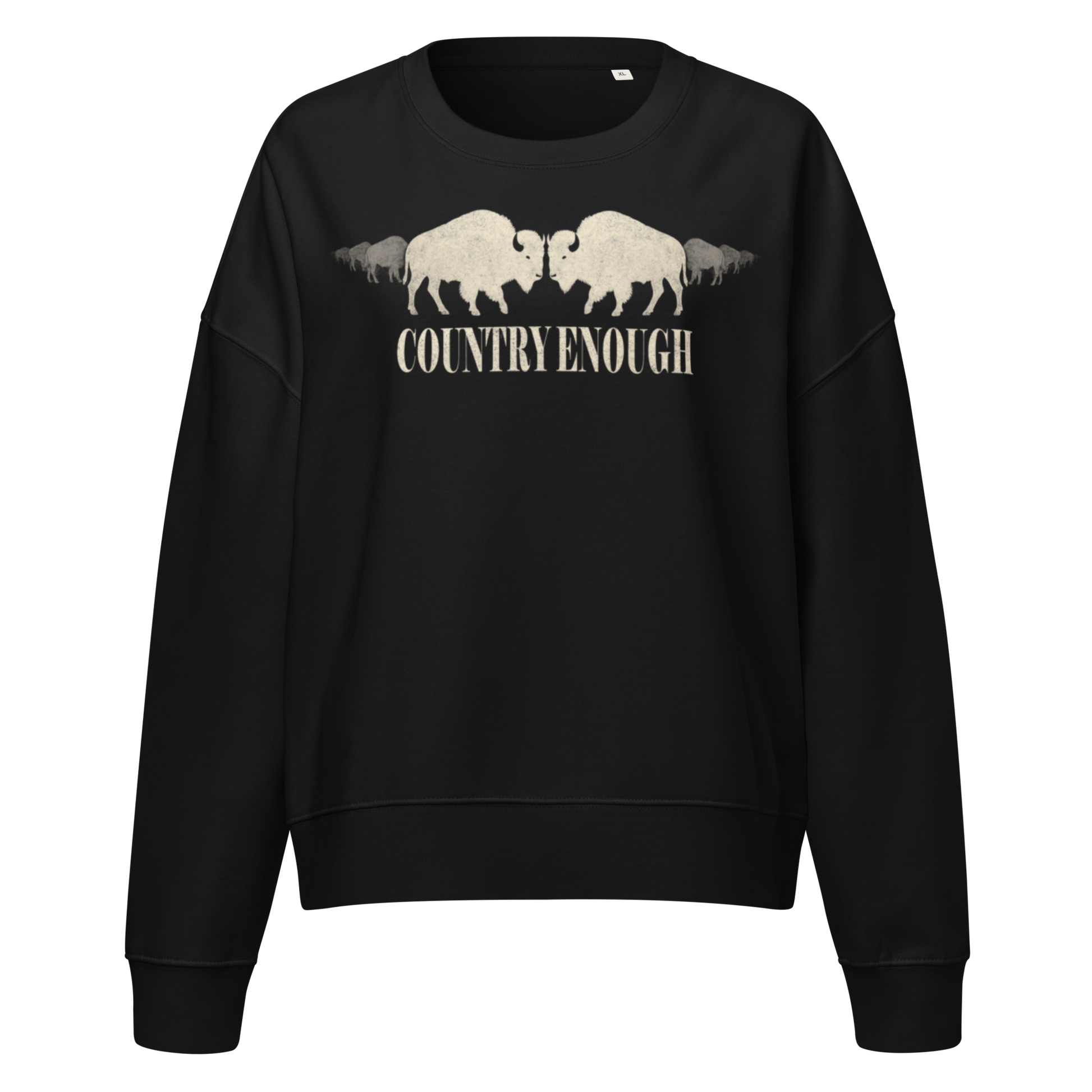 Black sweatshirt with graphic of mirrored bison and words country enough #black
