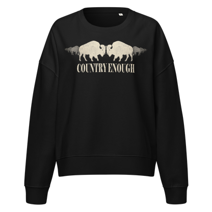 Black sweatshirt with graphic of mirrored bison and words country enough #black