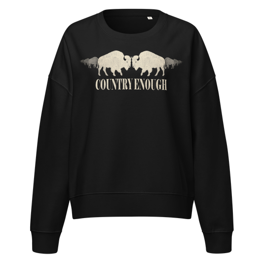 Black sweatshirt with graphic of mirrored bison and words country enough #black
