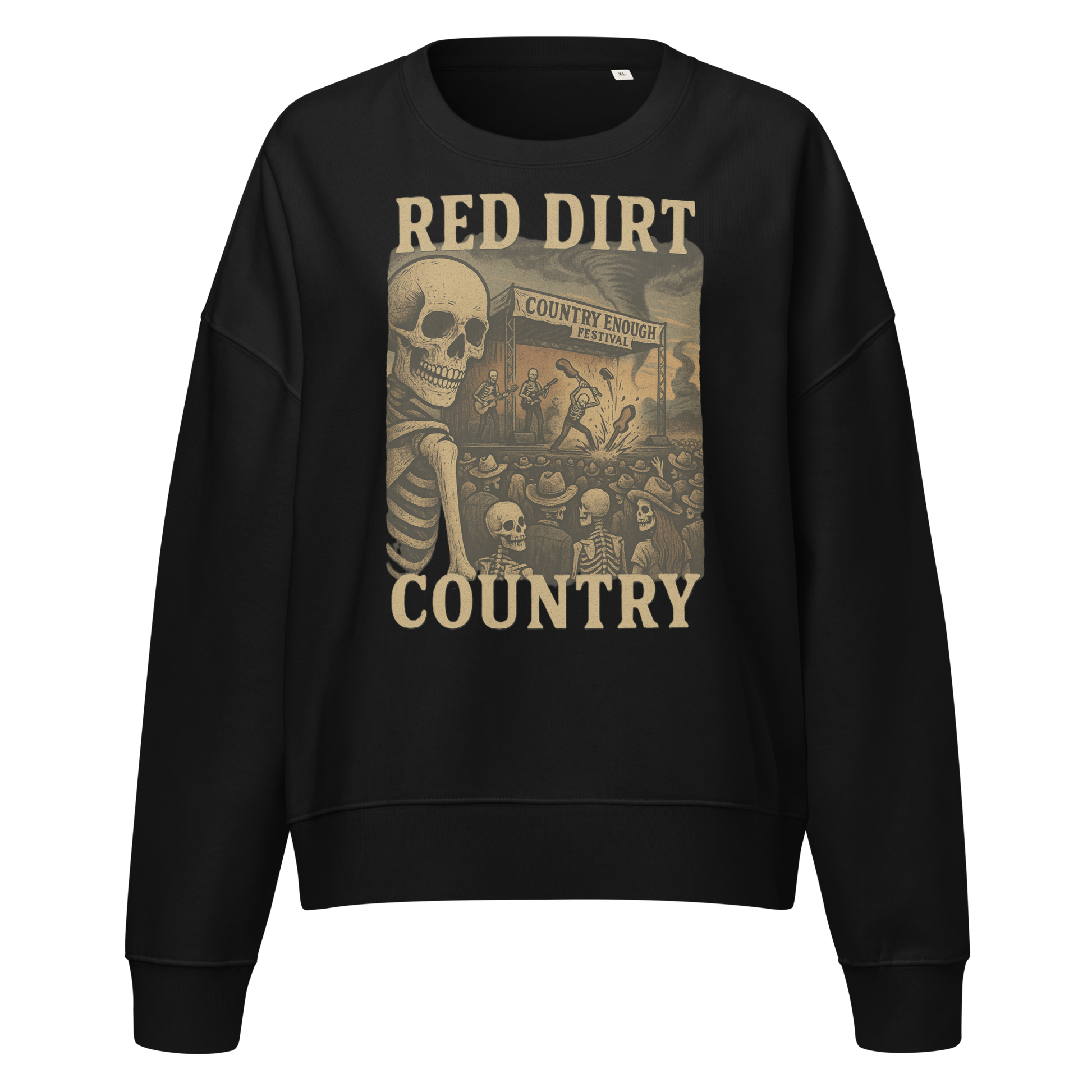 Black sweatshirt with graphic of skeletons watching a concert with words red dirt country #black