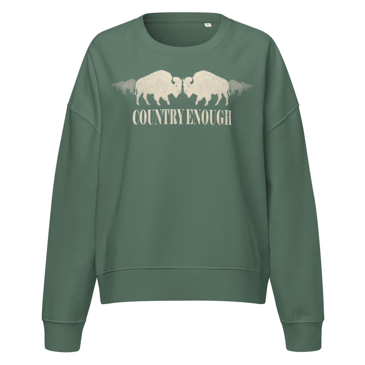 Sage sweatshirt with graphic of mirrored bison and words country enough #sage