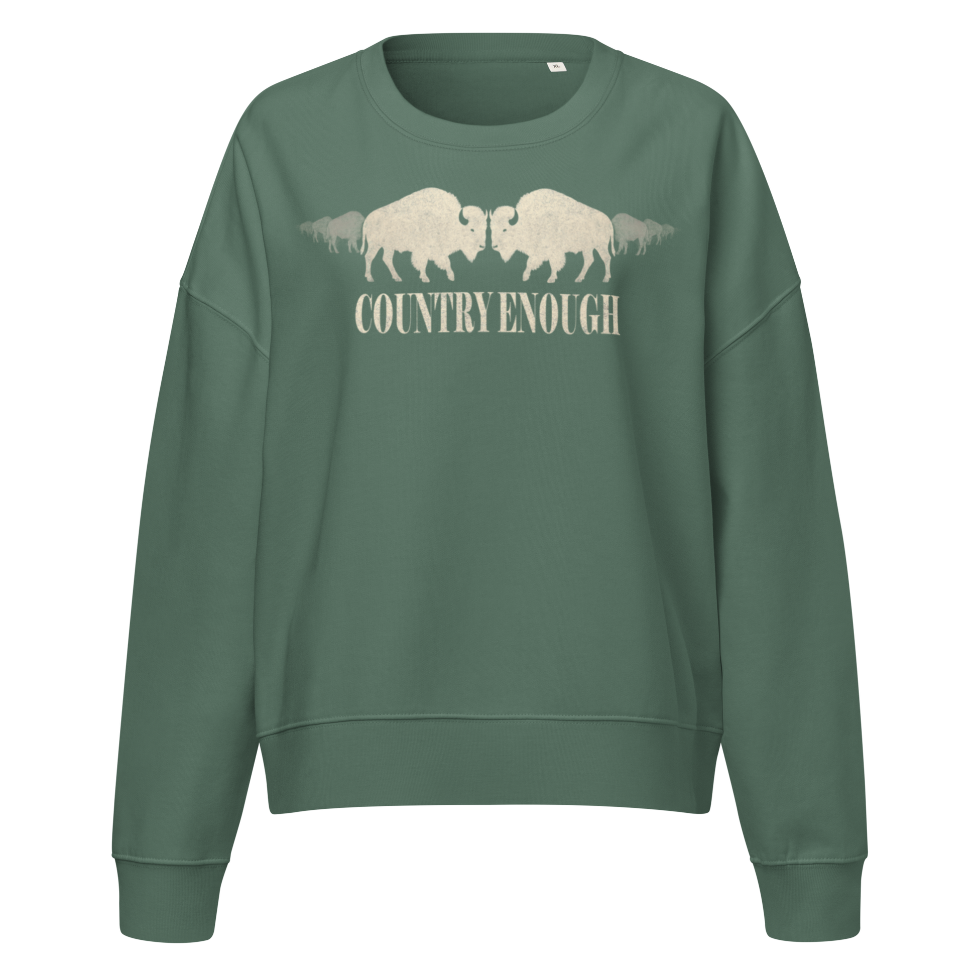 Sage sweatshirt with graphic of mirrored bison and words country enough #sage