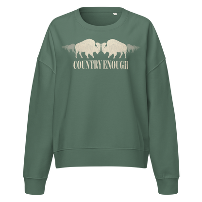 Sage sweatshirt with graphic of mirrored bison and words country enough #sage