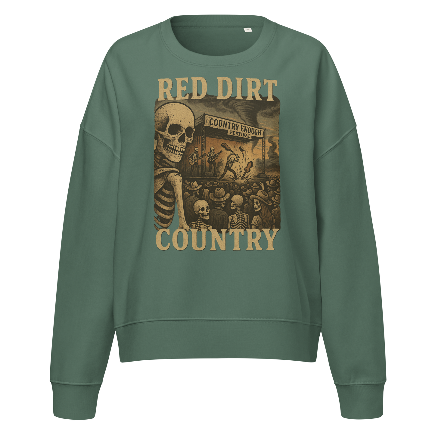 Sage sweatshirt with graphic of skeletons watching a concert with words red dirt country #sage