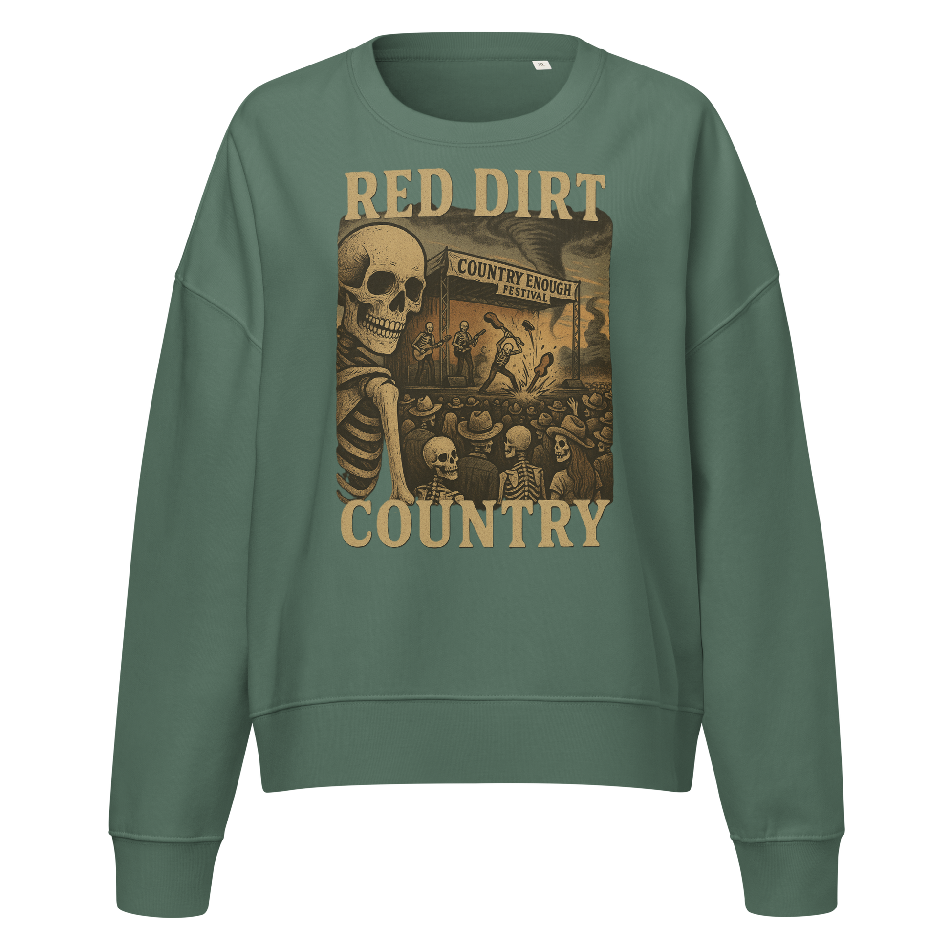 Sage sweatshirt with graphic of skeletons watching a concert with words red dirt country #sage