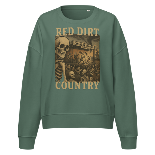 Sage sweatshirt with graphic of skeletons watching a concert with words red dirt country #sage