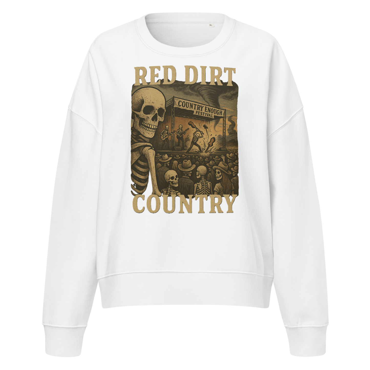White sweatshirt with graphic of skeletons watching a concert with words red dirt country #white