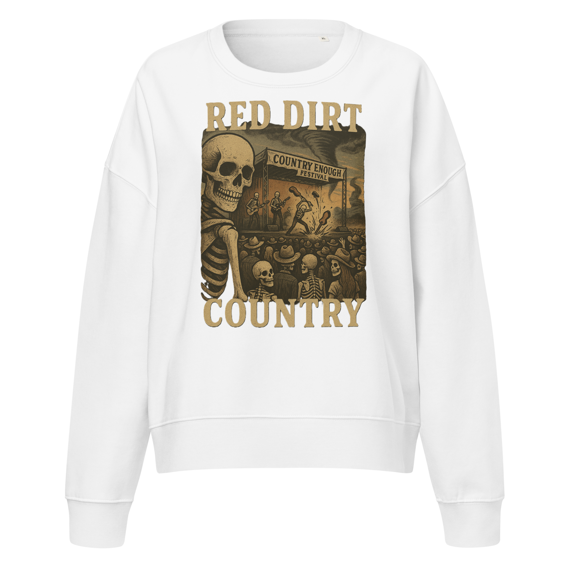 White sweatshirt with graphic of skeletons watching a concert with words red dirt country #white