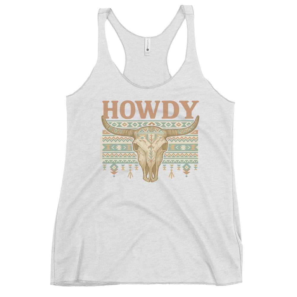 White tank top with graphic of bull skull, aztec pattern and the word howdy above #white